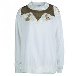 Pre Owned Philosophy Cream Embellished Long Sleeve Crew Neck Blouse M