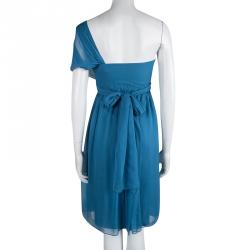 Pre Owned Philosophy Di Alberta Ferretti Blue Draped Silk One Shoulder Dress S