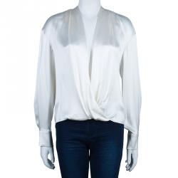 Prabal Gurung White Satin Long Sleeve Wrap Top M