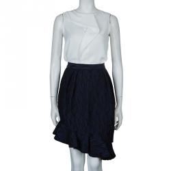 Prabal Gurung Navy Blue Textured Ruffle Bottom Asymmetric Skirt S