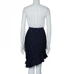 Prabal Gurung Navy Blue Textured Ruffle Bottom Asymmetric Skirt S