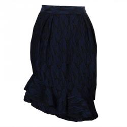 Prabal Gurung Navy Blue Textured Ruffle Bottom Asymmetric Skirt S
