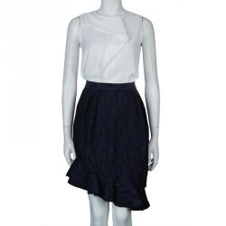 Prabal Gurung Navy Blue Textured Ruffle Bottom Asymmetric Skirt S