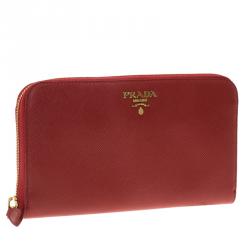 Pre Owned Prada Red Saffiano Zip Around Wallet