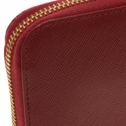 Pre Owned Prada Red Saffiano Zip Around Wallet
