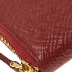 Pre Owned Prada Red Saffiano Zip Around Wallet