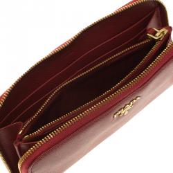 Pre Owned Prada Red Saffiano Zip Around Wallet