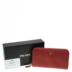 Pre Owned Prada Red Saffiano Zip Around Wallet