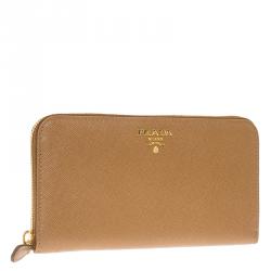 Pre Owned Prada Brown Saffiano Leather Zip Around Wallet