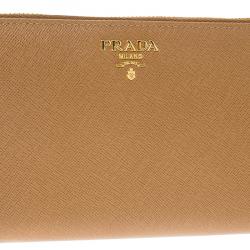 Pre Owned Prada Brown Saffiano Leather Zip Around Wallet
