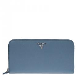 Pre Owned Prada Powder Blue Saffiano Leather Zip Around Wallet