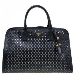 Pre Owned Prada Black Perforated Saffiano Fori Leather Satchel