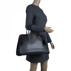 Pre Owned Prada Black Perforated Saffiano Fori Leather Satchel