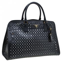 Pre Owned Prada Black Perforated Saffiano Fori Leather Satchel