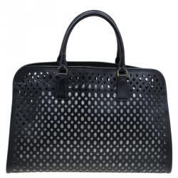 Pre Owned Prada Black Perforated Saffiano Fori Leather Satchel