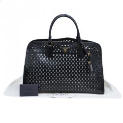 Pre Owned Prada Black Perforated Saffiano Fori Leather Satchel