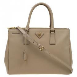 Pre Owned Prada Beige Saffiano Lux Leather Double Zip Tote