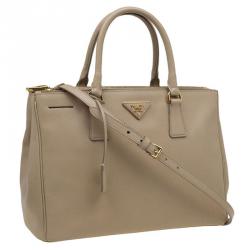 Pre Owned Prada Beige Saffiano Lux Leather Double Zip Tote