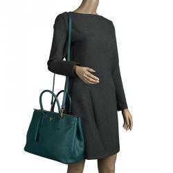 Pre Owned Prada Teal Green Saffiano Lux Leather Medium Double Zip Tote