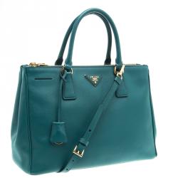Pre Owned Prada Teal Green Saffiano Lux Leather Medium Double Zip Tote
