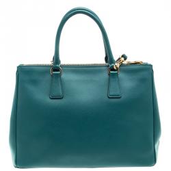 Pre Owned Prada Teal Green Saffiano Lux Leather Medium Double Zip Tote