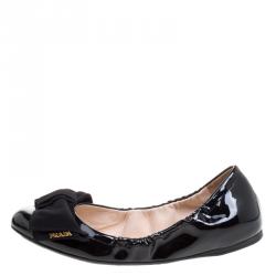 Pre Owned Prada Black Patent Scrunch Bow Ballet Flats Size 38