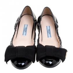 Pre Owned Prada Black Patent Scrunch Bow Ballet Flats Size 38