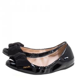 Pre Owned Prada Black Patent Scrunch Bow Ballet Flats Size 38