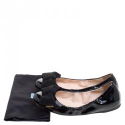 Pre Owned Prada Black Patent Scrunch Bow Ballet Flats Size 38