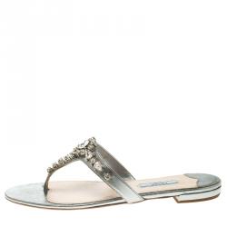Prada Grey Crystal Embellished Thong Flat Sandals Size 38