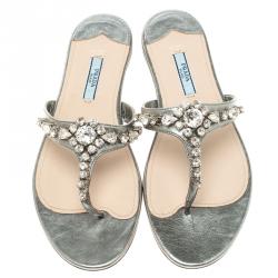 Prada Grey Crystal Embellished Thong Flat Sandals Size 38