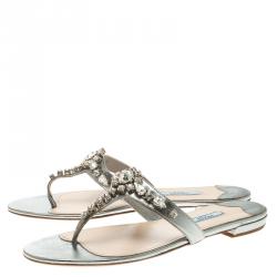 Prada Grey Crystal Embellished Thong Flat Sandals Size 38