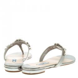 Prada Grey Crystal Embellished Thong Flat Sandals Size 38