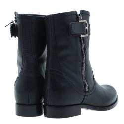 Pre Owned Prada Black Leather Zip Trimmed Ankle Boots Size 38
