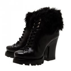 Pre Owned بوت برادا بكعب أمامي ورباط إغلاق وفراء على الكاحل أسود مقاس 37