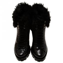 Pre Owned بوت برادا بكعب أمامي ورباط إغلاق وفراء على الكاحل أسود مقاس 37