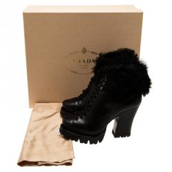 Pre Owned بوت برادا بكعب أمامي ورباط إغلاق وفراء على الكاحل أسود مقاس 37