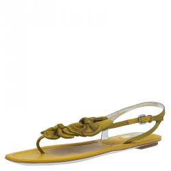 Pre Owned Prada Mustard Satin Taffeta Flower Thong Sandals Size 37