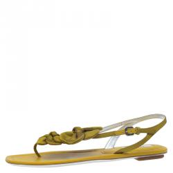 Pre Owned Prada Mustard Satin Taffeta Flower Thong Sandals Size 37