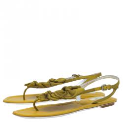 Pre Owned Prada Mustard Satin Taffeta Flower Thong Sandals Size 37