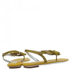 Pre Owned Prada Mustard Satin Taffeta Flower Thong Sandals Size 37