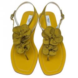 Pre Owned Prada Mustard Satin Taffeta Flower Thong Sandals Size 37