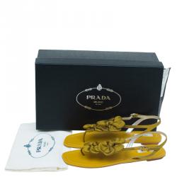 Pre Owned Prada Mustard Satin Taffeta Flower Thong Sandals Size 37