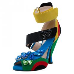 مملوكة مسبقًا Prada Color Block Suede Asymmetric Jeweled Ankle Strap Sandals Size 36