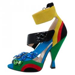 مملوكة مسبقًا Prada Color Block Suede Asymmetric Jeweled Ankle Strap Sandals Size 36