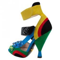 مملوكة مسبقًا Prada Color Block Suede Asymmetric Jeweled Ankle Strap Sandals Size 36