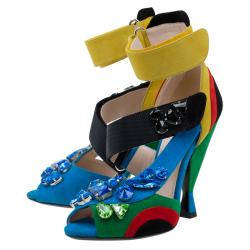 مملوكة مسبقًا Prada Color Block Suede Asymmetric Jeweled Ankle Strap Sandals Size 36