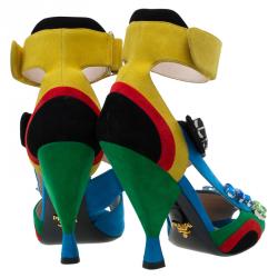 مملوكة مسبقًا Prada Color Block Suede Asymmetric Jeweled Ankle Strap Sandals Size 36