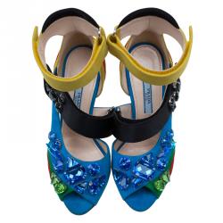 مملوكة مسبقًا Prada Color Block Suede Asymmetric Jeweled Ankle Strap Sandals Size 36
