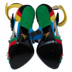 مملوكة مسبقًا Prada Color Block Suede Asymmetric Jeweled Ankle Strap Sandals Size 36